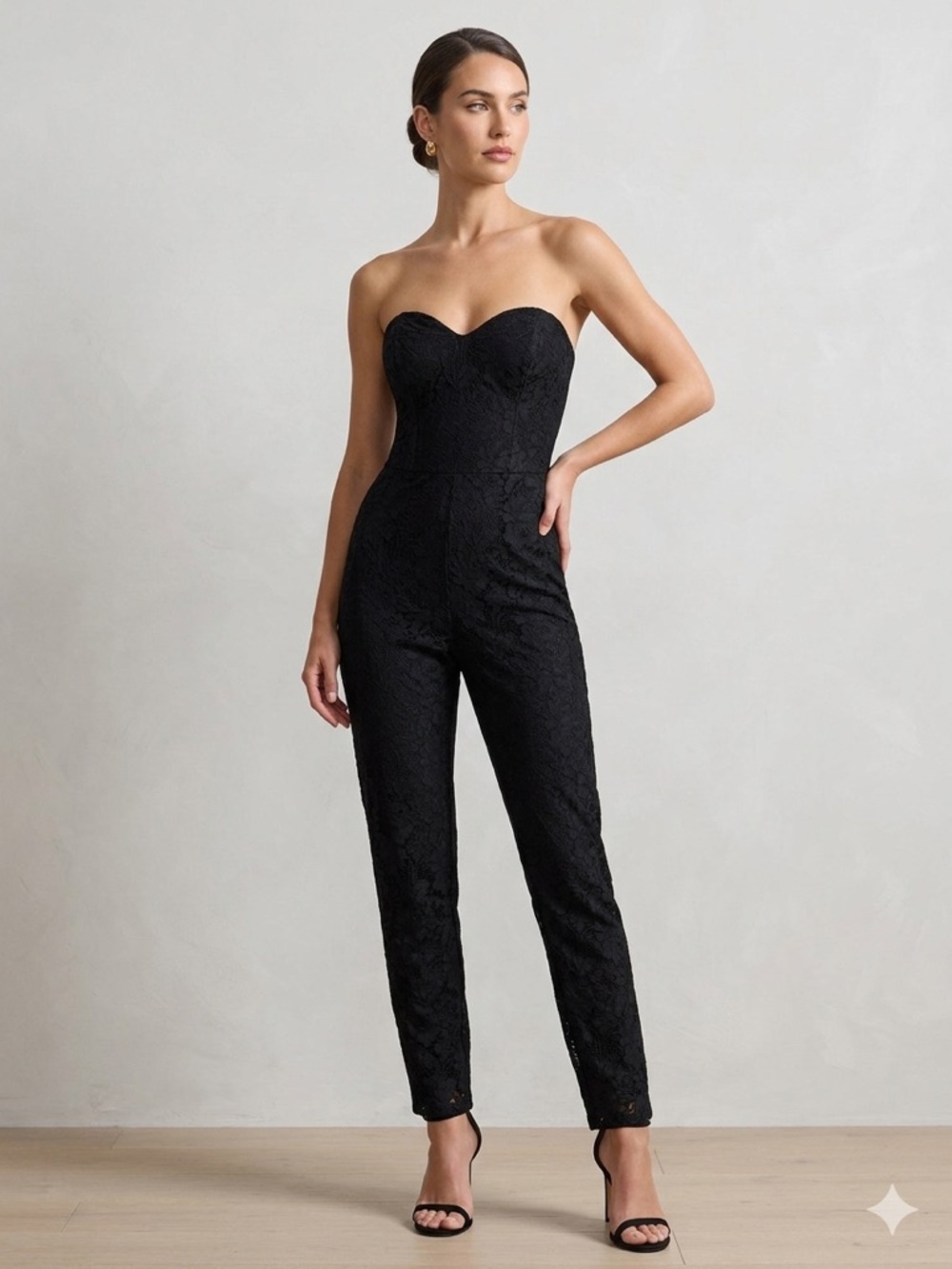bebe Black Strapless Sweetheart Lace Jumpsuit